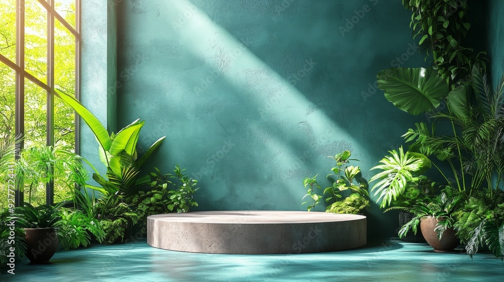 A product podium with a 3D render and natural elements in the background. A product podium with a 3D render and natural elements in the background.