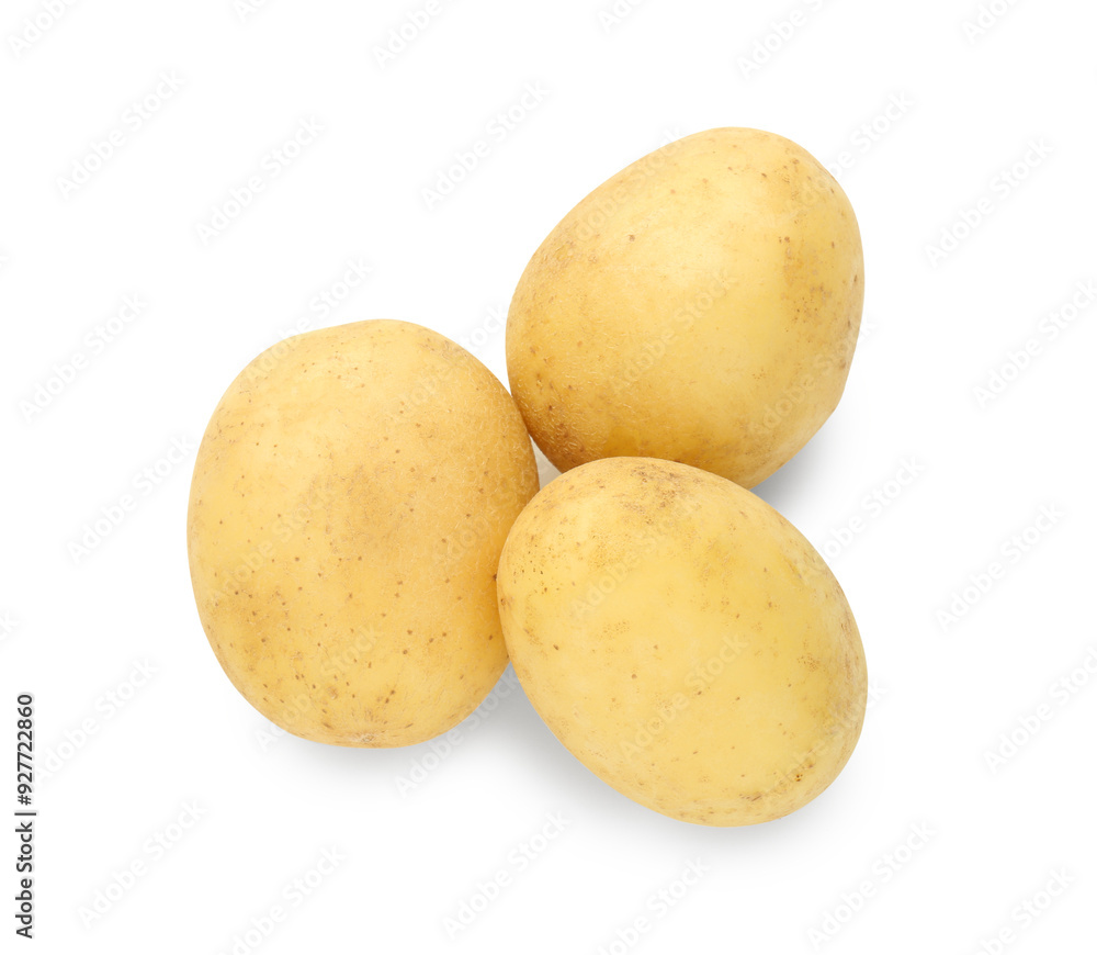 Three young fresh potatoes isolated on white, top view Three young fresh potatoes isolated on white, top view