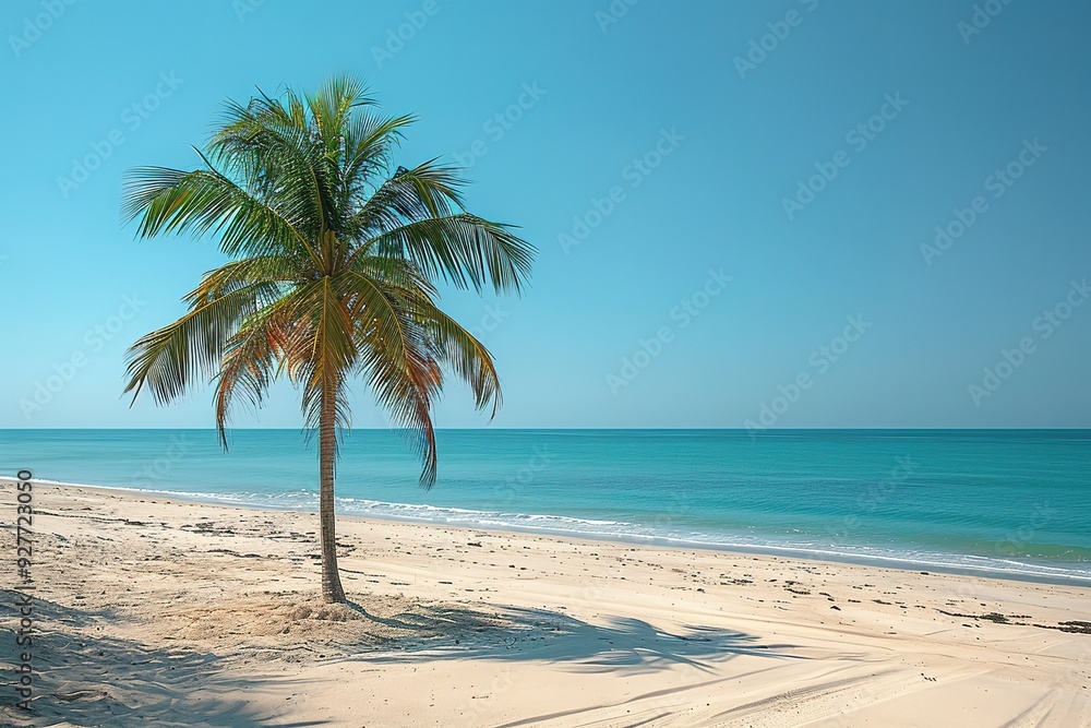 Fototapeta premium A palm tree is standing on a beach with a clear blue sky above