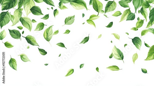 Green flying leaves on white banner. Wave foliage ornament. Vegan, eco, organic design element. Leaf falling. Cosm