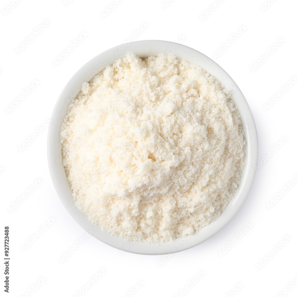 Fresh coconut flour in bowl isolated on white, top view Fresh coconut flour in bowl isolated on white, top view