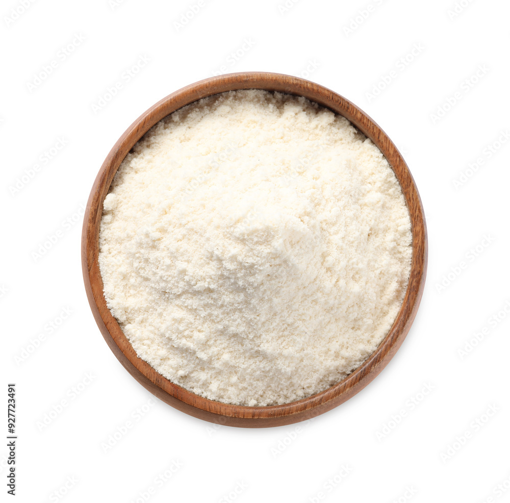 Fresh coconut flour in bowl isolated on white, top view Fresh coconut flour in bowl isolated on white, top view