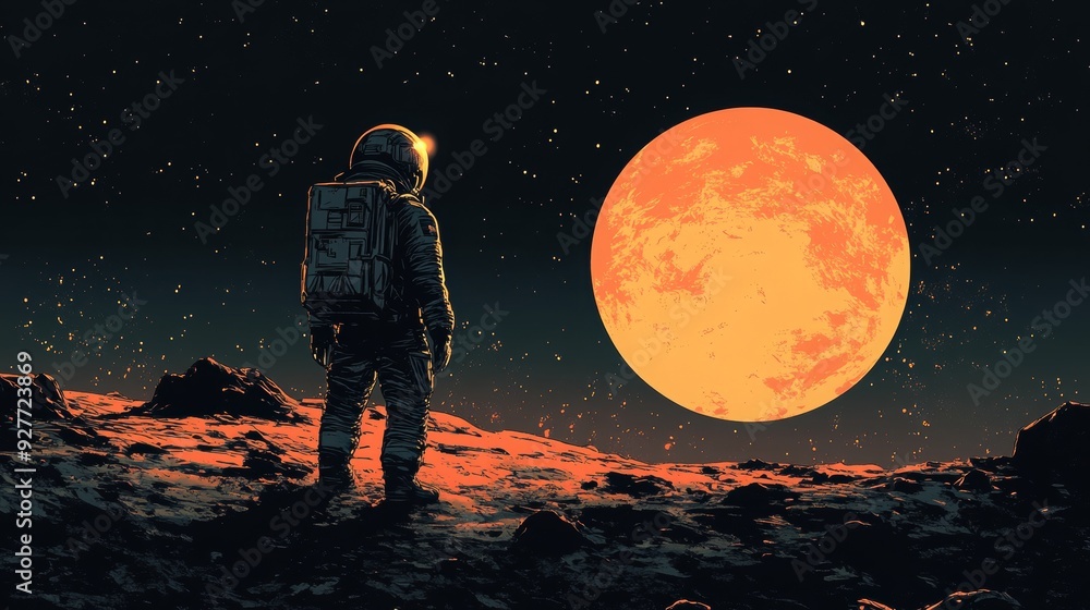 Obraz premium An astronaut observes the universe from another planet.