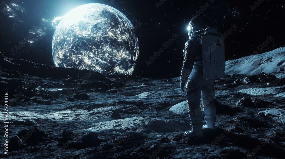 Fototapeta premium An astronaut on an unknown planet observes the universe.