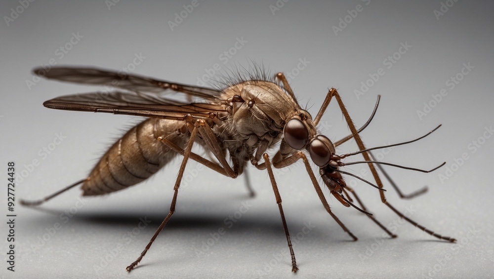 Close-up of a mosquito on a neutral background showing detailed features. Close-up of a mosquito on a neutral background showing detailed features.