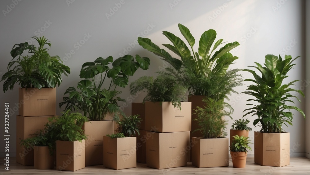 Assorted indoor plants arranged in cardboard boxes on wooden floor. Assorted indoor plants arranged in cardboard boxes on wooden floor.