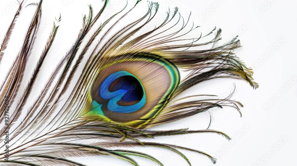 Obraz premium Peacock s feather close up on white backdrop