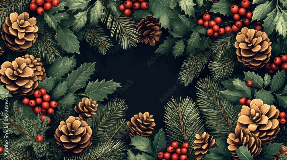 Fototapeta premium Retro botanical background with conifers, ferns and berries in engraving style.