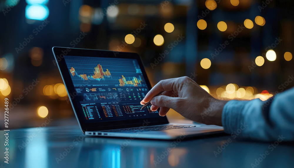 A hand interacting with a laptop displaying data analytics on a vibrant, glowing city background at night. A hand interacting with a laptop displaying data analytics on a vibrant, glowing city background at night.