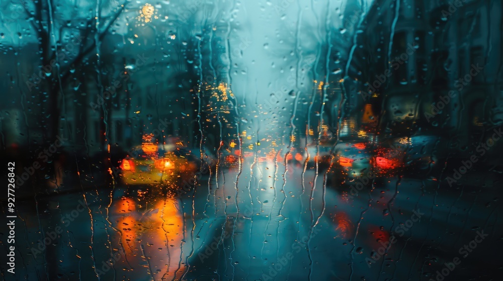 Photo of rainy street through car window appears blurred