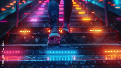 Businessperson ascending stairs with a financial graph in the backdrop, showing investment growth and upward trend