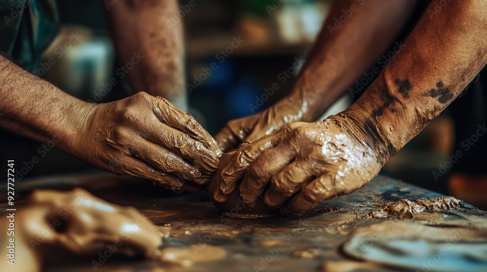 Hands molding clay to create a ceramic piece in a pottery studio. Hobby and leisure time Hands molding clay to create a ceramic piece in a pottery studio. Hobby and leisure time