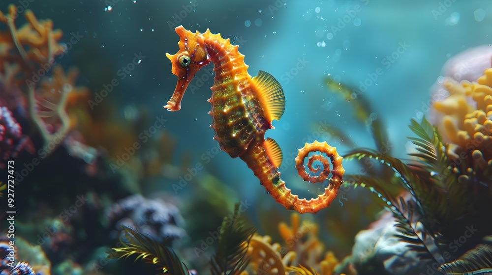 A seahorse swimming among corals and sea plants image A seahorse swimming among corals and sea plants image