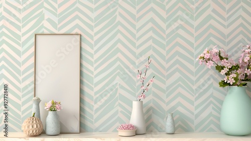 Elevate your decor with an empty picture frame on a vibrant geometric patterned wall, adding depth.