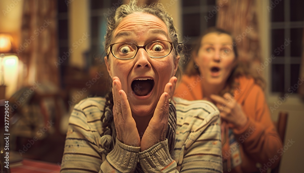 Fototapeta premium A woman with glasses and graying hair reacts in surprise, mouth open in shock, while holding her hands to her face. A woman behind her is blurry but also appears surprised.