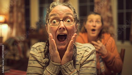 A woman with glasses and graying hair reacts in surprise, mouth open in shock, while holding her hands to her face. A woman behind her is blurry but also appears surprised.