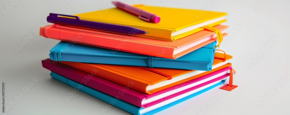 Stack of colorful journals with pens and sticky notes on white background, 4K hyperrealistic photo Stack of colorful journals with pens and sticky notes on white background, 4K hyperrealistic photo