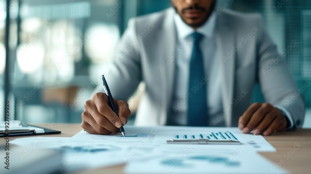 A focused businessman analyzing data and making notes on financial documents in a modern office environment. A focused businessman analyzing data and making notes on financial documents in a modern office environment.