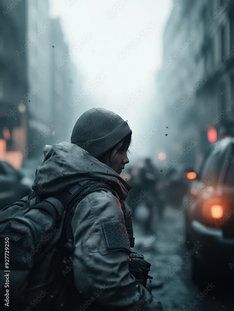 Urban Explorer in Foggy City Street with Backpack and Beanie on a Cold Winter Day Urban Explorer in Foggy City Street with Backpack and Beanie on a Cold Winter Day