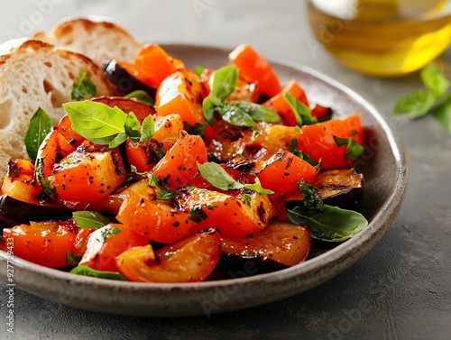 A plate of escalivada, a smoky grilled vegetable dish with peppers, eggplant, and onions, drizzled with olive oil and served with crusty bread on a rustic table