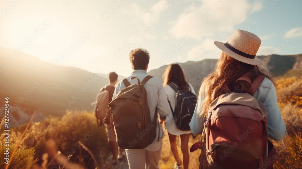 Back view of four friends hiking in the mountains. Back view of four friends hiking in the mountains.
