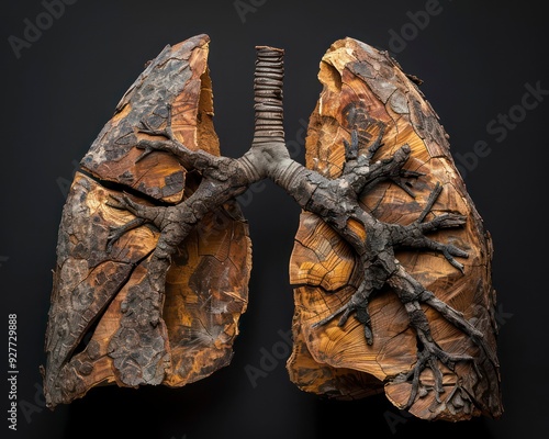 A pair of wooden human lungs, carved from rough-hewn wood and bark, their bronchi hidden beneath the surface of the lobes, set against a black backdrop. photo