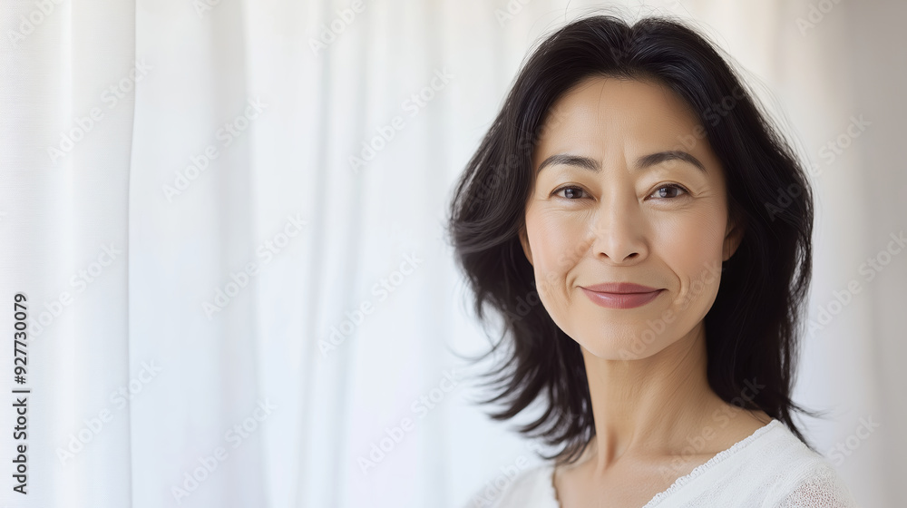 Smiling Woman Against White Curtains Natural Light Portrait Smiling Woman Against White Curtains Natural Light Portrait