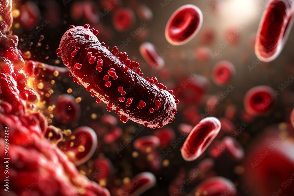 A microscopic view of a bacterium surrounded by red blood cells. The image highlights the complexities of the human body. A microscopic view of a bacterium surrounded by red blood cells. The image highlights the complexities of the human body.