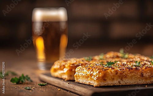 Chicago deepdish pizza, a single slice pulled from the pie, revealing melty cheese, with a brick wall background and a pint of beer photo