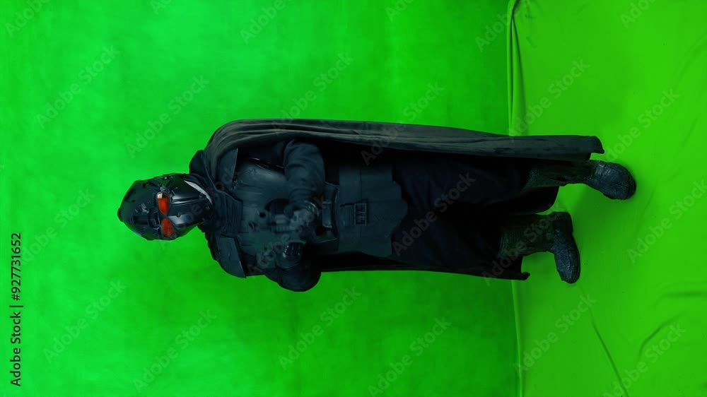 Futuristic Soldier Alerted And Shoots Rifle Green Screen 2 Shots Futuristic Soldier Alerted And Shoots Rifle Green Screen 2 Shots