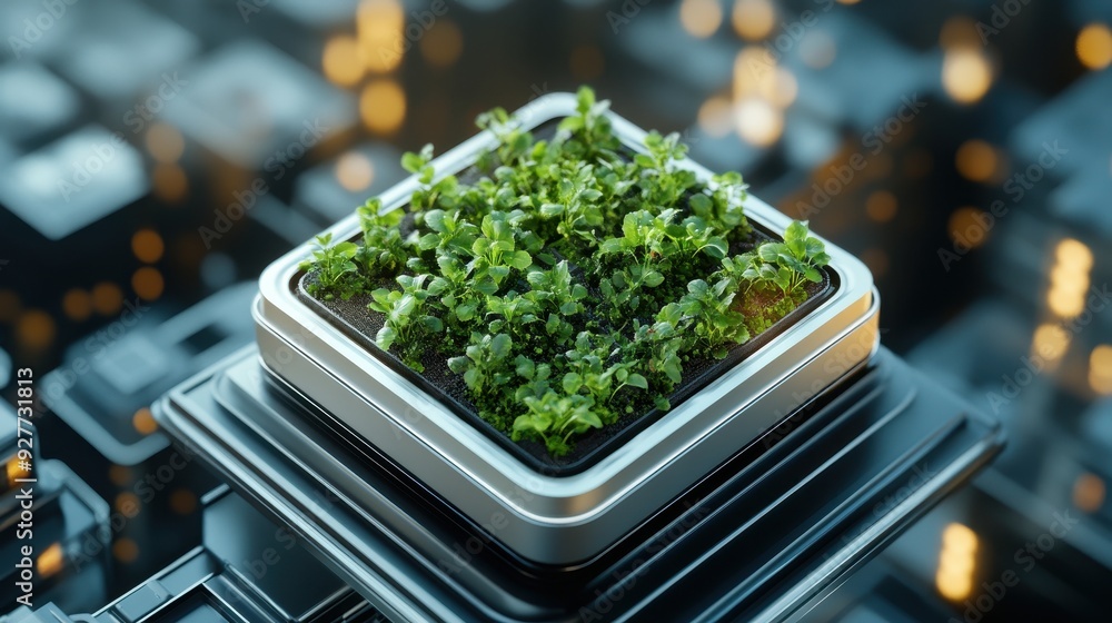 A lush, green plant growing from a modern microchip, symbolizing the fusion of nature and technology in a digital world. A lush, green plant growing from a modern microchip, symbolizing the fusion of nature and technology in a digital world.
