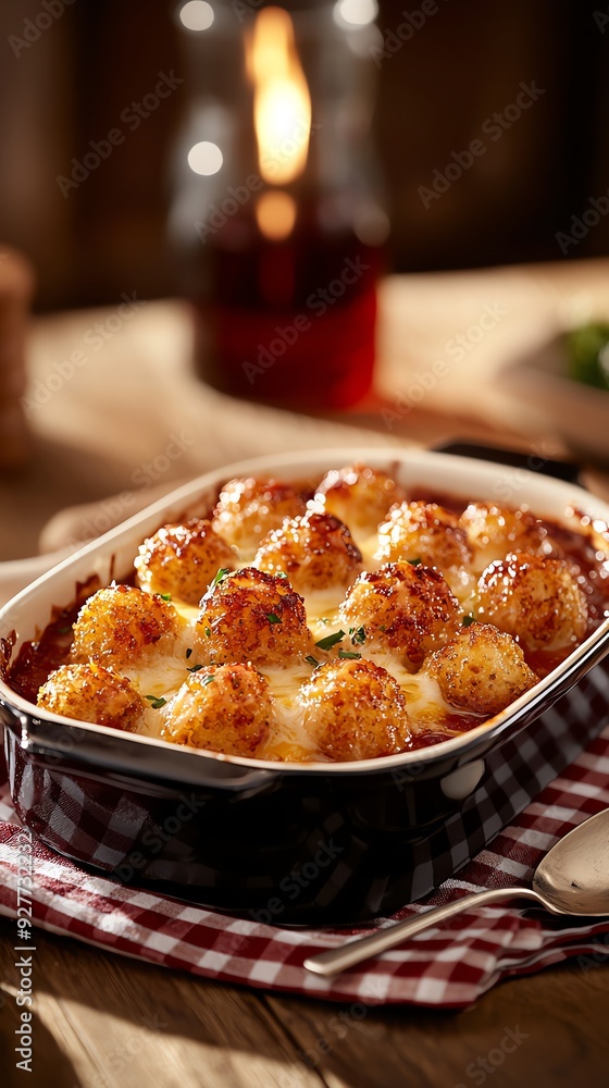 Midwestern hotdish in a casserole dish, topped with melted cheese and crispy tater tots, set on a checkered tablecloth with a serving spoon