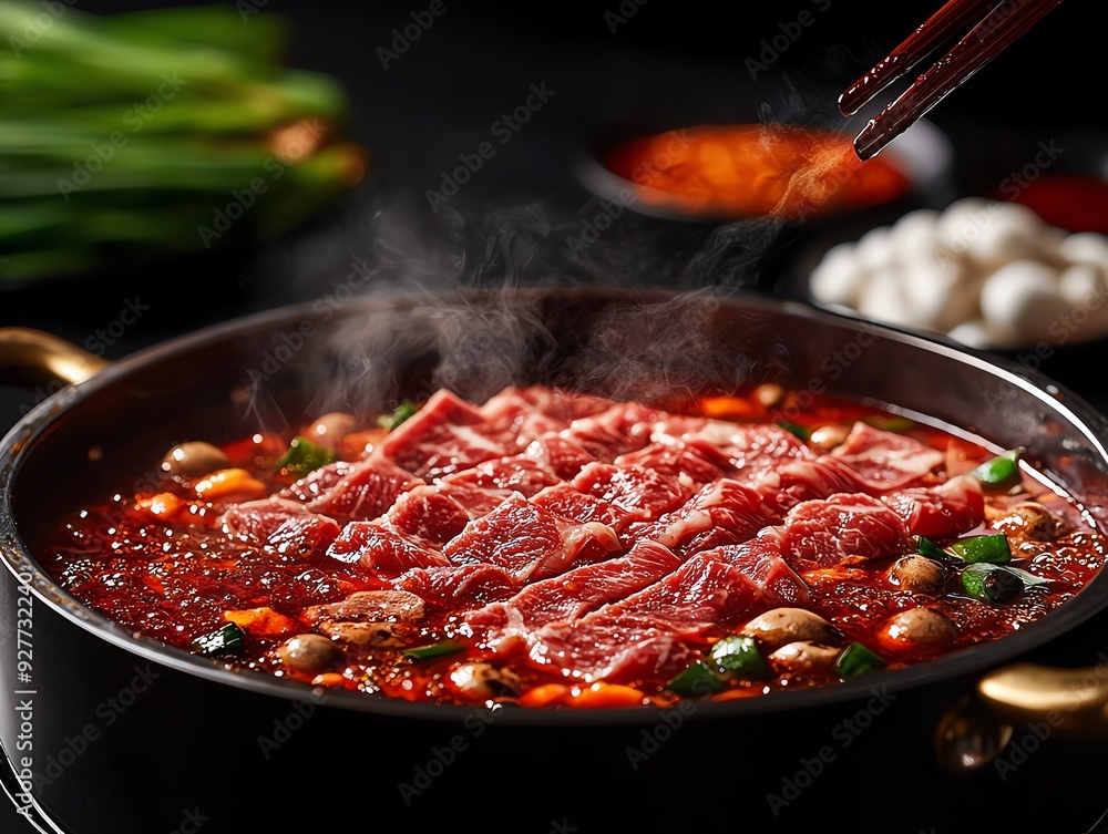 Mongolian hotpot with thinly sliced lamb, mushrooms, and assorted vegetables, served in a large metal pot with bubbling broth, surrounded by dipping sauces and condiments Mongolian hotpot with thinly sliced lamb, mushrooms, and assorted vegetables, served in a large metal pot with bubbling broth, surrounded by dipping sauces and condiments