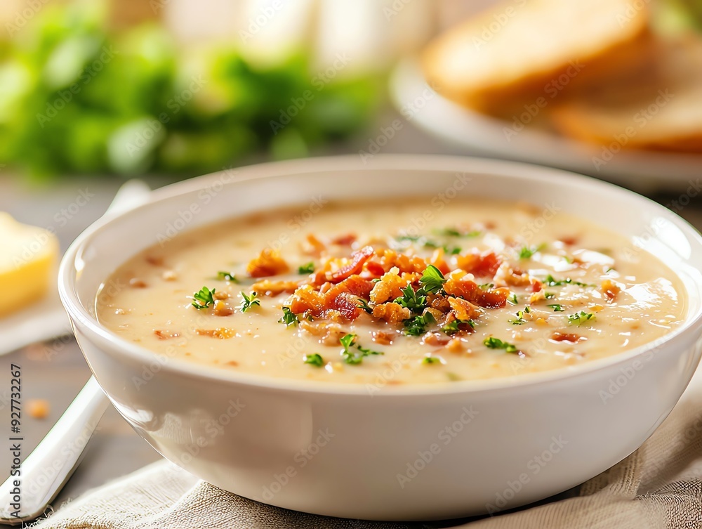 New England clam chowder in a white ceramic bowl, topped with crispy bacon, set against a dark wooden background, with a slice of crusty bread and butter knife New England clam chowder in a white ceramic bowl, topped with crispy bacon, set against a dark wooden background, with a slice of crusty bread and butter knife