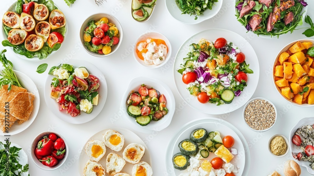 Many different healthy food on white table, flat lay Many different healthy food on white table, flat lay