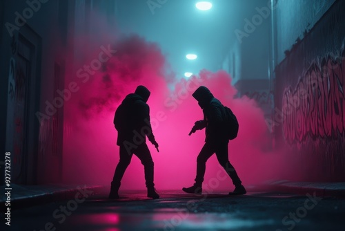 Urban Street Scene with Two Hooded Figures in Dramatic Pink Smoke at Night