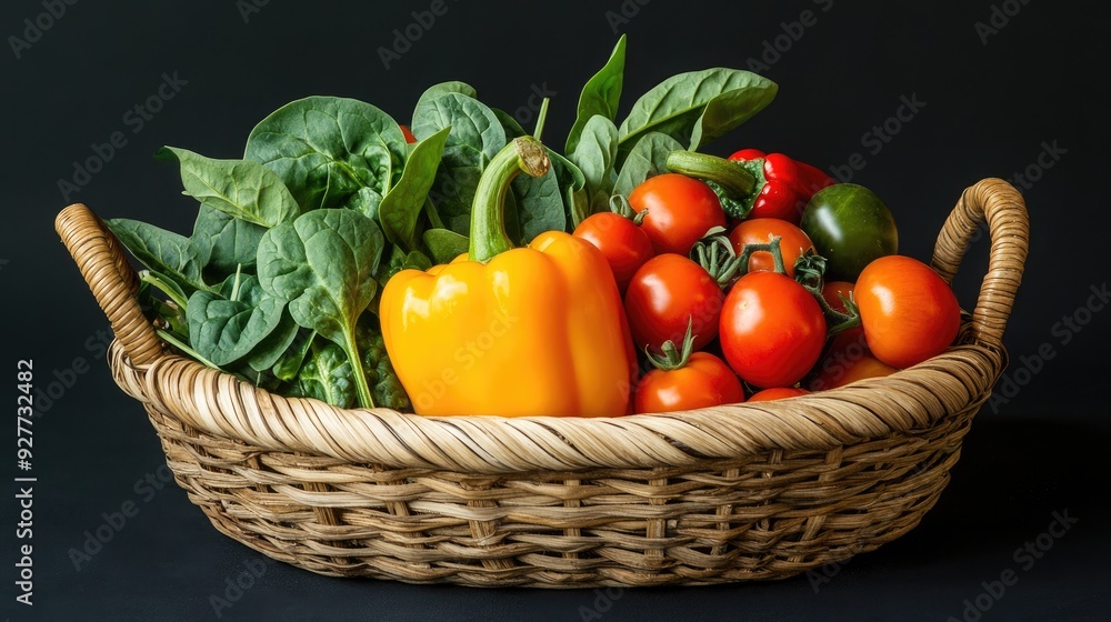A handwoven basket overflowing with vibrant vegetables like bell peppers, spinach, and cherry tomatoes, capturing the essence of healthy eating. A handwoven basket overflowing with vibrant vegetables like bell peppers, spinach, and cherry tomatoes, capturing the essence of healthy eating.