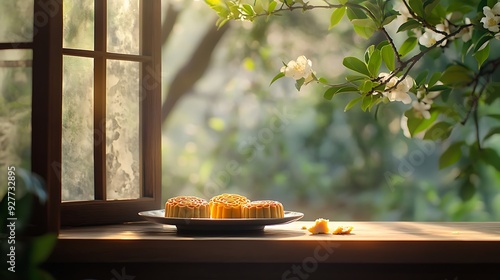 there is a plate of food on a table near a window photo