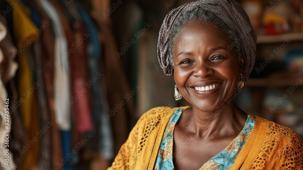 Smiling portrait of a happy female african american second hand clothing store owner Smiling portrait of a happy female african american second hand clothing store owner