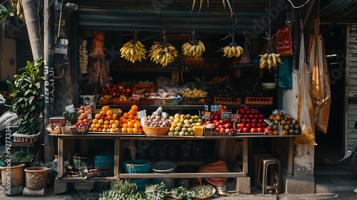 there is a fruit stand with bananas photo