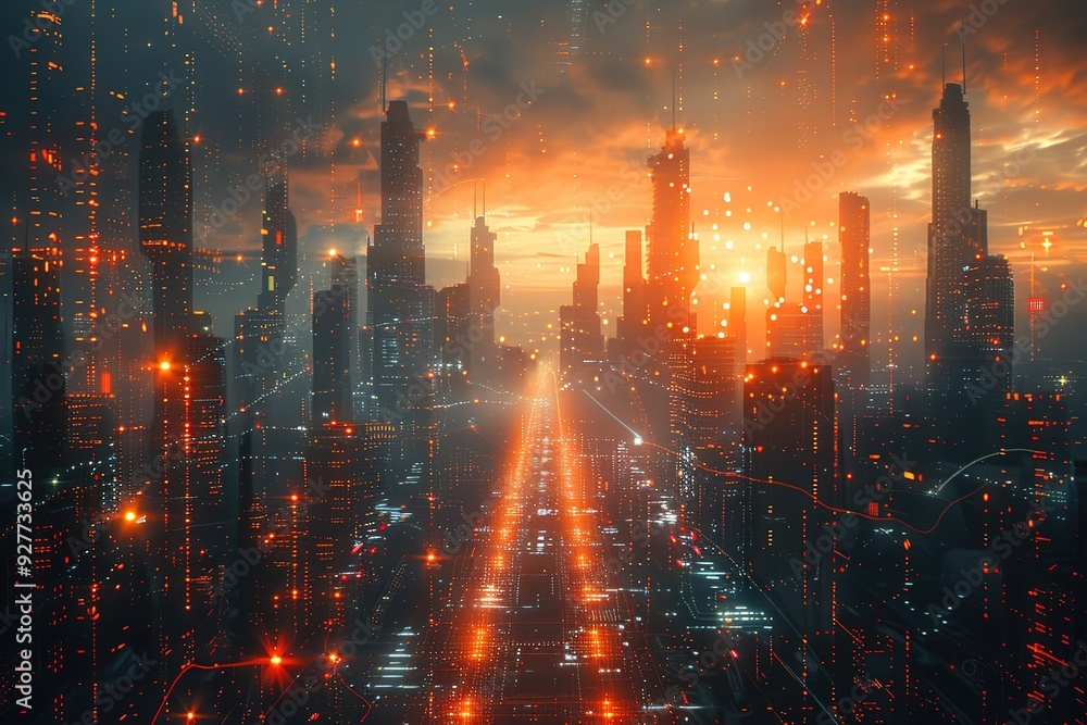 A cityscape with a bright orange sun in the sky A cityscape with a bright orange sun in the sky