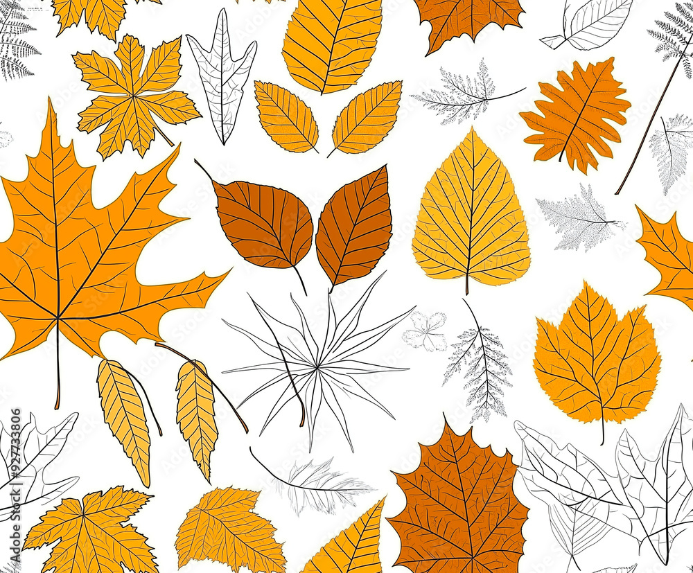Obraz premium Autumn leaves pattern, hand-drawn fall foliage illustration, orange and white background.