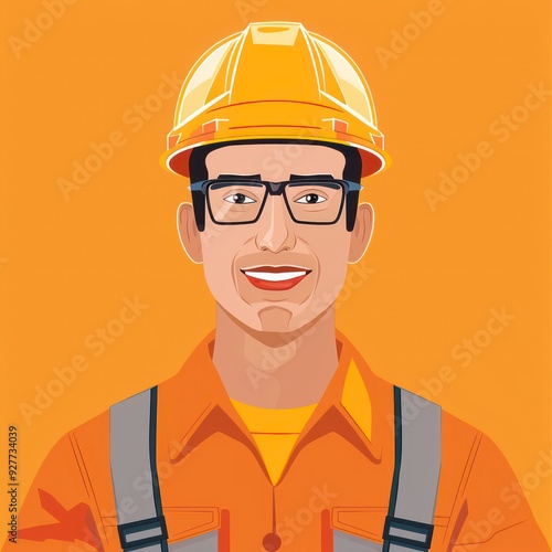 A construction worker in an all-in-one outfit, wearing a safety helmet, stands confidently on-site. The simple vector illustration showcases a clear front view of the worker.