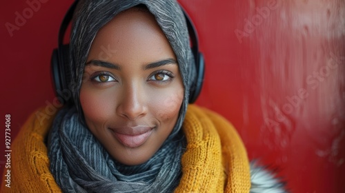 Happy black muslim teenage gen z girl listening to music with white headphones. African american hijabi woman with yellow hijab against colourful brick wall. Copy space. College Inclusion & diversity