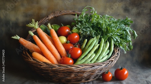 A rustic basket of vibrant vegetables like carrots, tomatoes, and green beans, highlighting the colors and textures of fresh produce.
