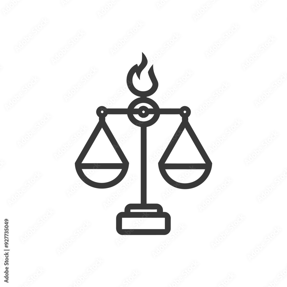 A burning flame atop a balanced scale with two empty pans A burning flame atop a balanced scale with two empty pans