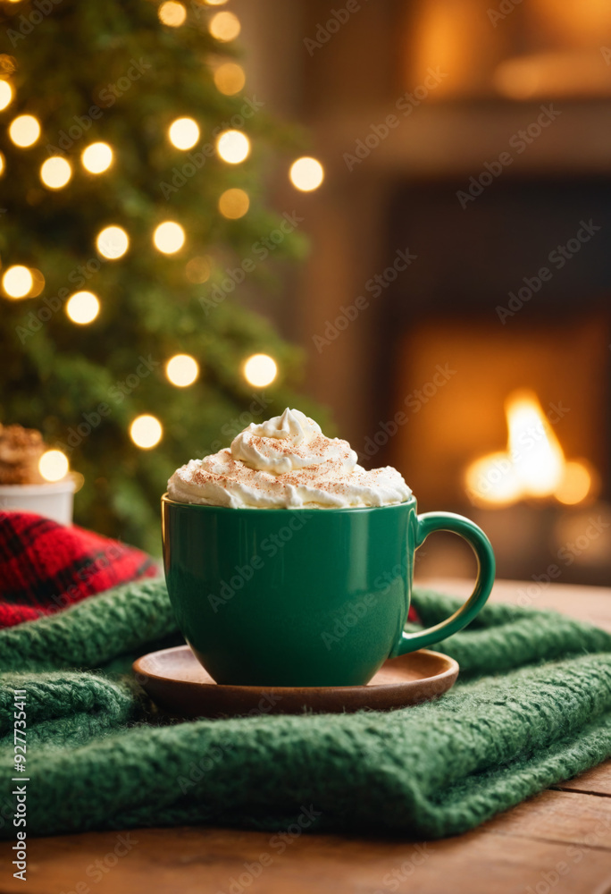 A green cup of cocoa, hot chocolate or coffee with whipped cream on a wooden table with green knitted plaid in front of a Christmas tree. Merry Christmas or New Year concept for banner with copy space A green cup of cocoa, hot chocolate or coffee with whipped cream on a wooden table with green knitted plaid in front of a Christmas tree. Merry Christmas or New Year concept for banner with copy space