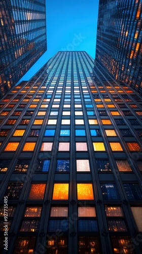 A stunning view of skyscrapers at dusk, showcasing colorful windows reflecting the vibrant city life and twilight sky.