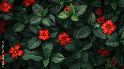 Red flowers and green leaves against a leafy backdrop
