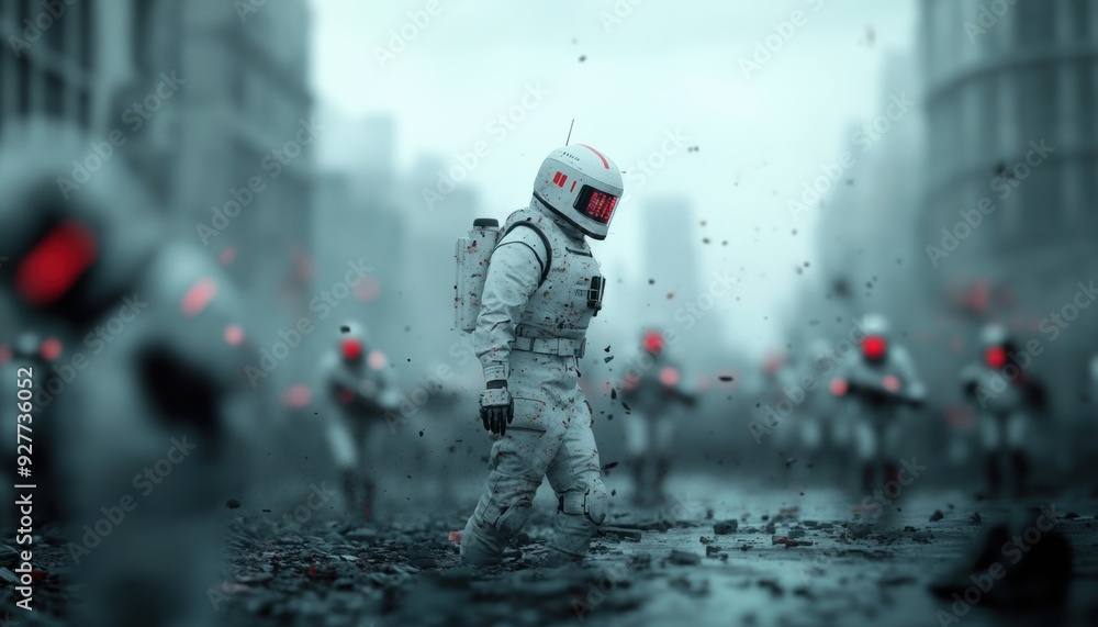 Futuristic Astronauts in a Post-Apocalyptic Cityscape with Red Glowing Helmets and Debris Futuristic Astronauts in a Post-Apocalyptic Cityscape with Red Glowing Helmets and Debris